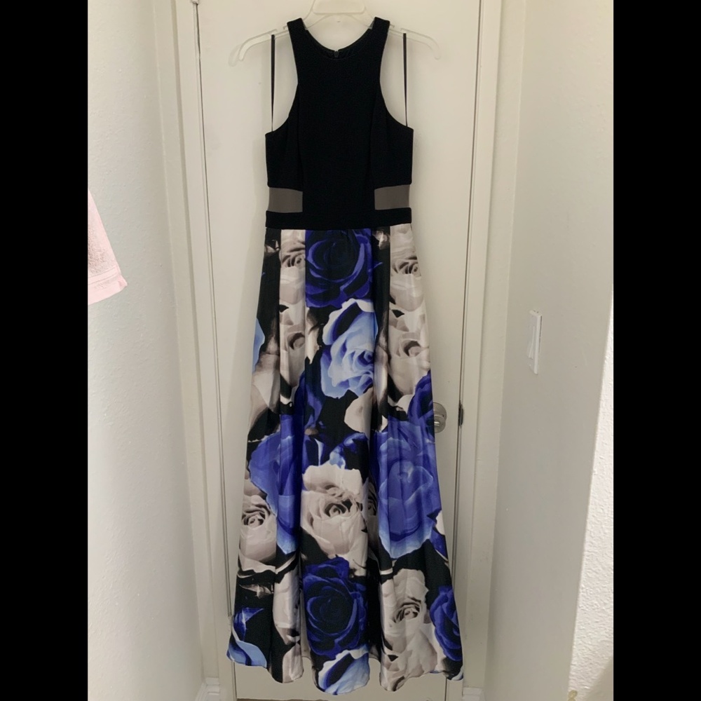 black & blue floral ballgown with pockets size 7